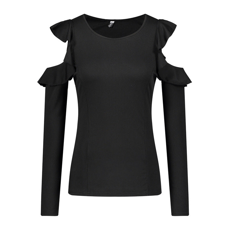 Round Neck Strapless Ruffled Long-Sleeved Stitching Sexy All-Match T-Shirt Top