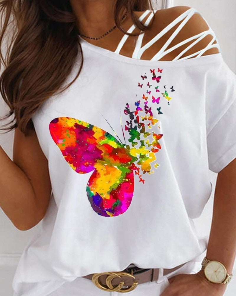 Off-the-shoulder Printed T-shirt