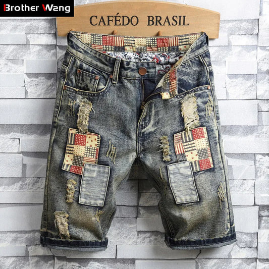 Brand Men's Retro Style Ripped Denim Shorts 2023 Summer New Fashion Casual Hole Patch Jean Shorts Male Brand Clothes