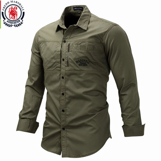 Fredd Marshall 2024 Fashion Military Shirt Long Sleeve Multi-pocket Casual Shirts Brand Clothes Army Green Camisa Masculina 117