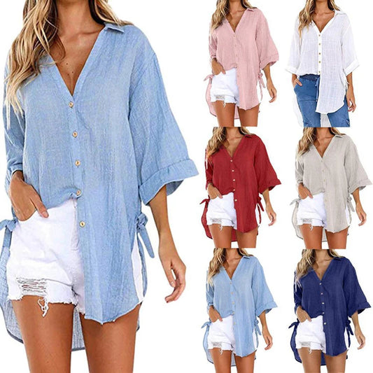 2024 Lace-up Irregular Shirts And Blouses OL Elegant Blouses For Women Summer Solid V-Neck Half Sleeve Causal Mid-length Loose