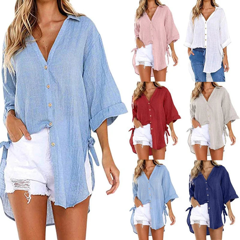 2024 Lace-up Irregular Shirts And Blouses OL Elegant Blouses For Women Summer Solid V-Neck Half Sleeve Causal Mid-length Loose