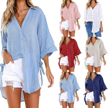 2024 Lace-up Irregular Shirts And Blouses OL Elegant Blouses For Women Summer Solid V-Neck Half Sleeve Causal Mid-length Loose