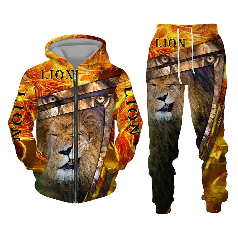 Autumn and Winter Men's Tracksuit 3D The Lion Print Zipper Hoodies Sweatshirts Pants Sets Casual Mens Clothing Women's Tracksuit