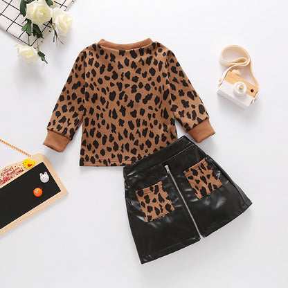 Children's Clothing GL2074 Amazon Pullover Brown Leopard Print Yarn-dyed Top Ten Leather Skirt With Zipper Two-piece Set