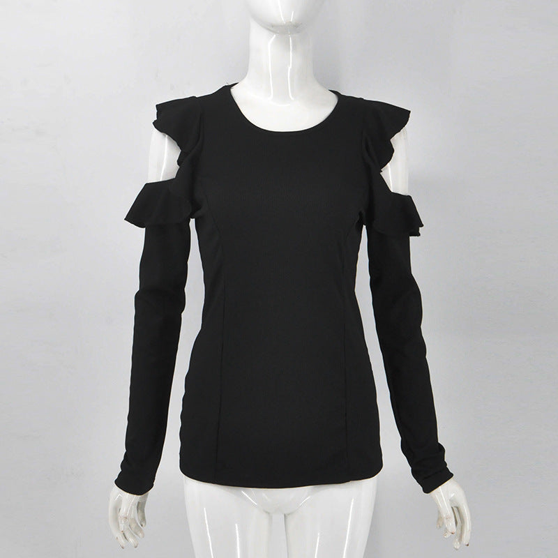 Round Neck Strapless Ruffled Long-Sleeved Stitching Sexy All-Match T-Shirt Top