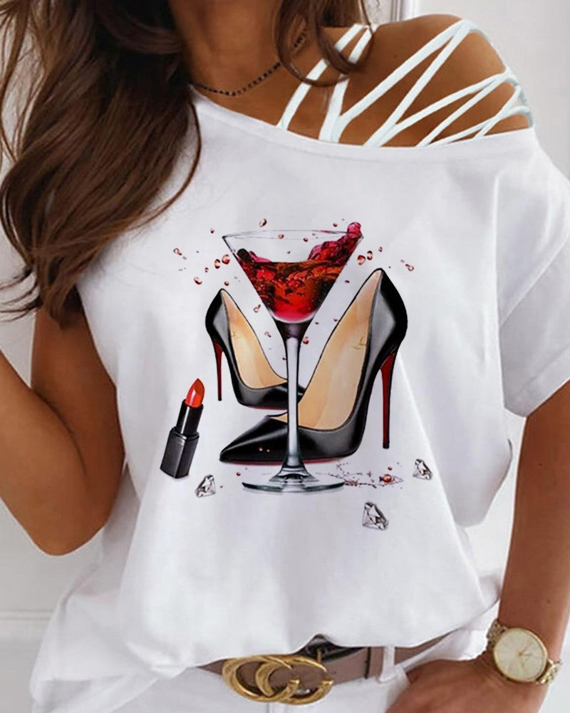 Off-the-shoulder Printed T-shirt