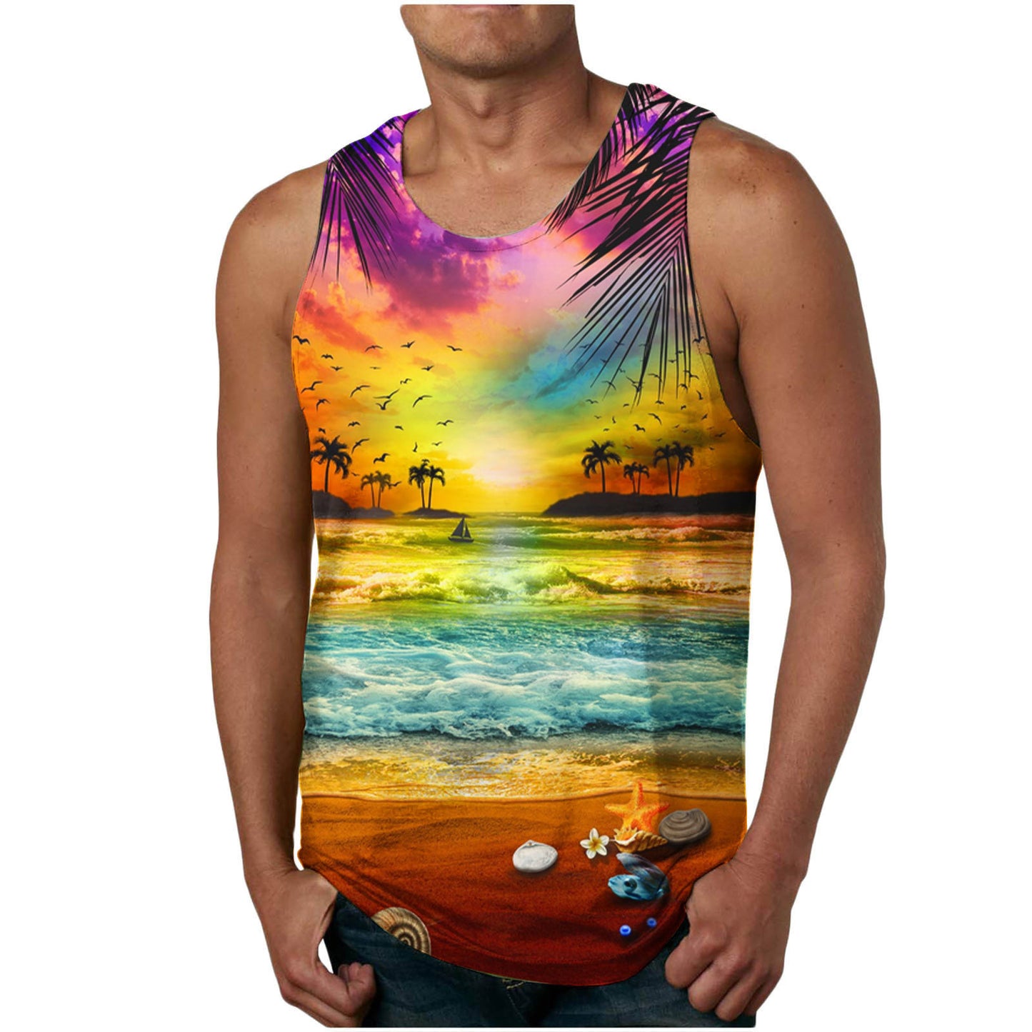 Trendy Men's Clothing Vest Printed Beach Casual Sports Men Vest