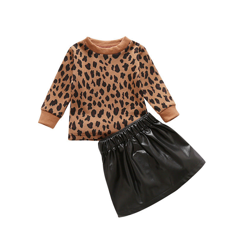 Children's Clothing GL2074 Amazon Pullover Brown Leopard Print Yarn-dyed Top Ten Leather Skirt With Zipper Two-piece Set